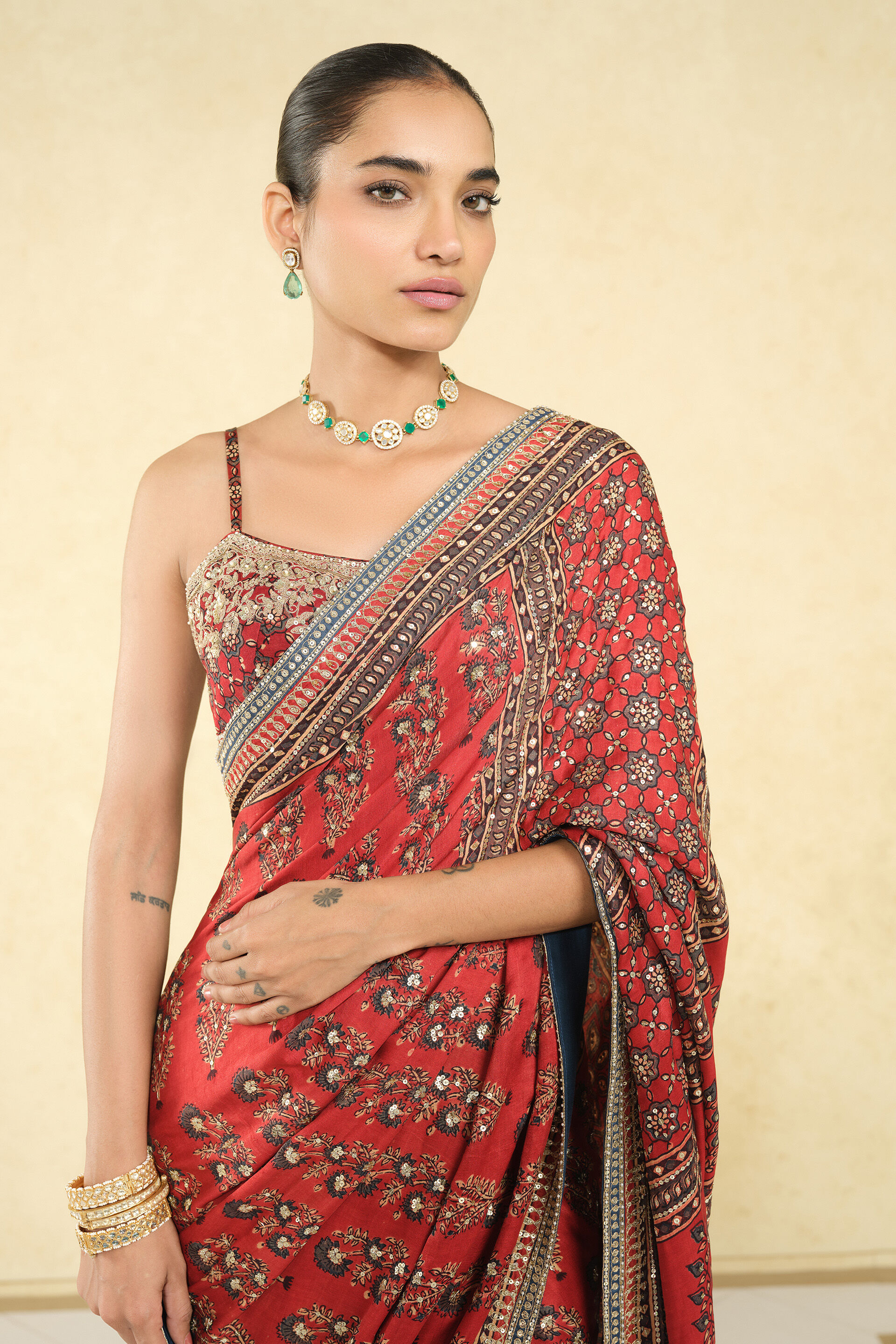 Saaj Ajrakh Hand-block Printed Silk Saree - Red, Red, image 5